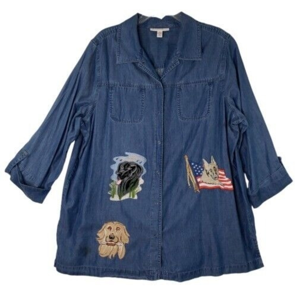 JM Collection Denim Shirt‎ Sz 18W Jacket Dog Embroidery 3/4 Sleeve Button Up Top